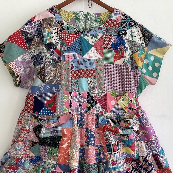 Upcycled vintage crazy patchwork quilt babydoll mid length lined dress Med to XL - Picture 12 of 16